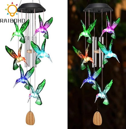 Carrilhão de vento solar que muda de cor, bola de cristal led, beija-flor, luz à prova d'água, área externa, decoração de jardim