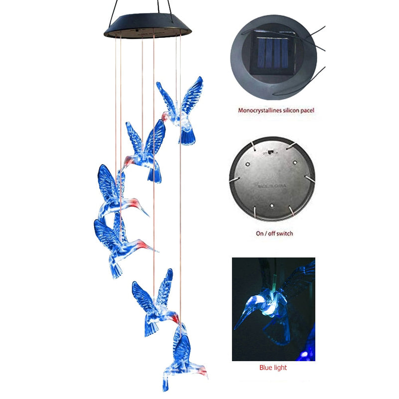 Carrilhão de vento solar que muda de cor, bola de cristal led, beija-flor, luz à prova d'água, área externa, decoração de jardim