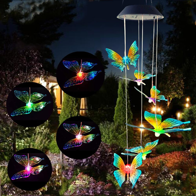 Carrilhão de vento solar que muda de cor, bola de cristal led, beija-flor, luz à prova d'água, área externa, decoração de jardim